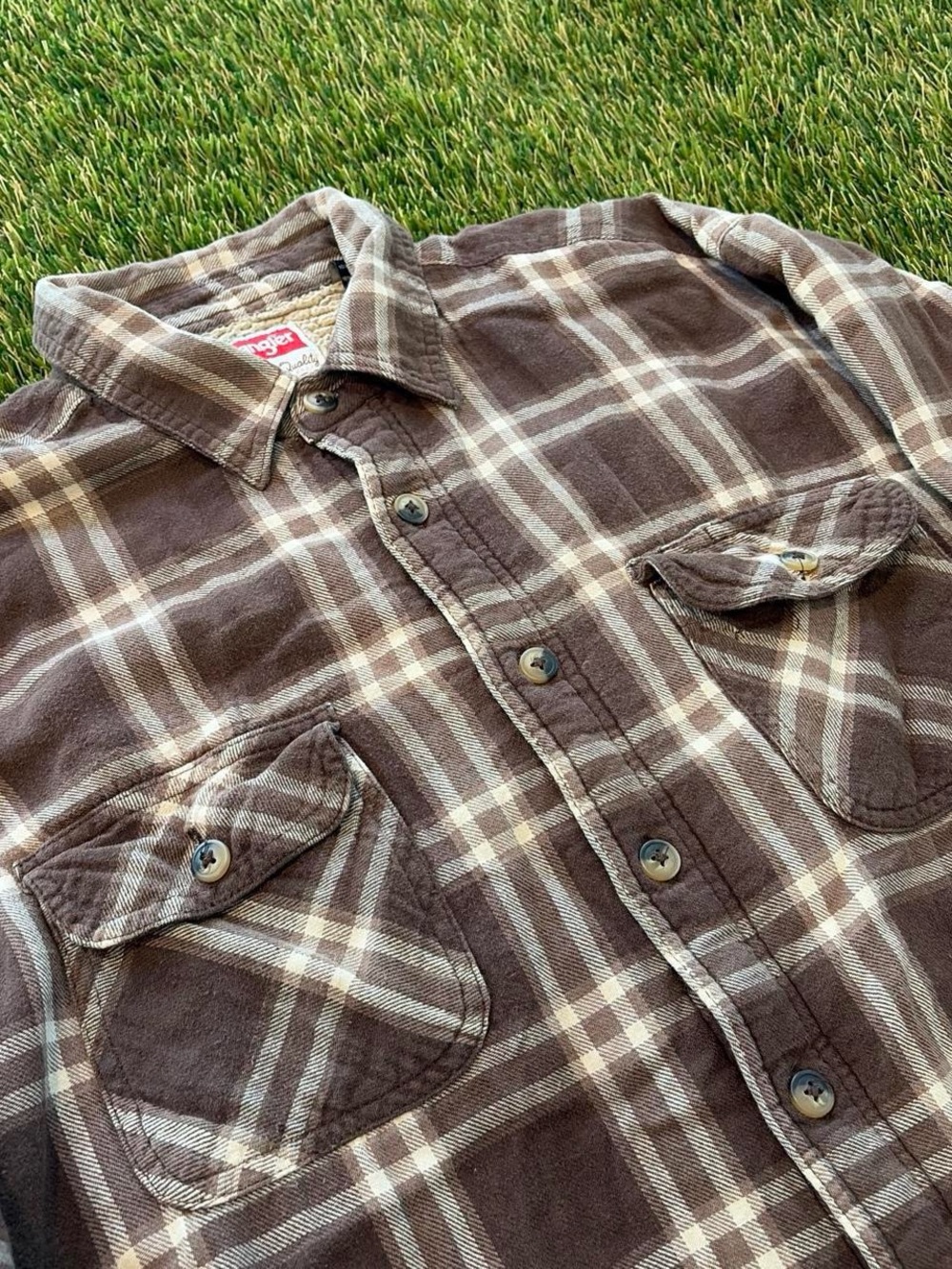 Sick Brown Wrangler Plaid Sherpa Lined Flannel Jacket Size Large